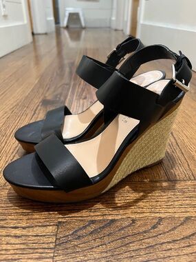 Very Volatile Black Wedge Espadrille Sandals with Tan Raffia Heel